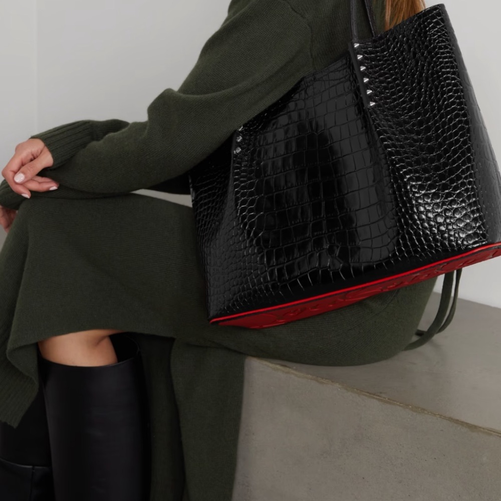 CHRISTIAN LOUBOUTIN Cabarock large spiked croc-effect glossed-leather tote NWT